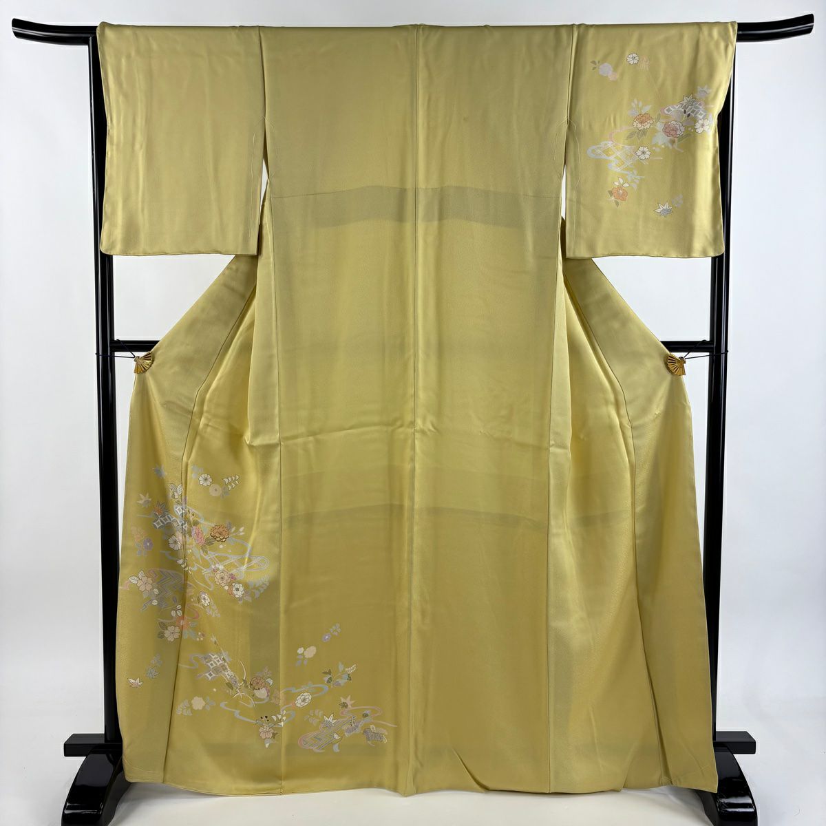 付下 身長166.5cm 袖長65.5cm M 雙層 草花紋紋 流水 金絲 金銀彩 黃色 純蠶絲 優品級