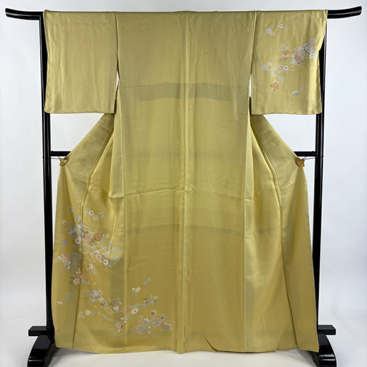 付下 身長166.5cm 袖長65.5cm M 雙層 草花紋紋 流水 金絲 金銀彩 黃色 純蠶絲 優品級
