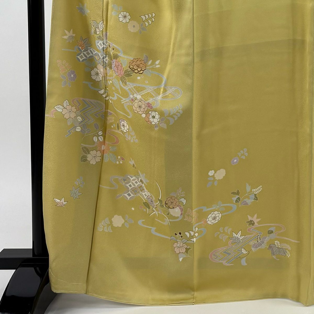 付下 身長166.5cm 袖長65.5cm M 雙層 草花紋紋 流水 金絲 金銀彩 黃色 純蠶絲 優品級