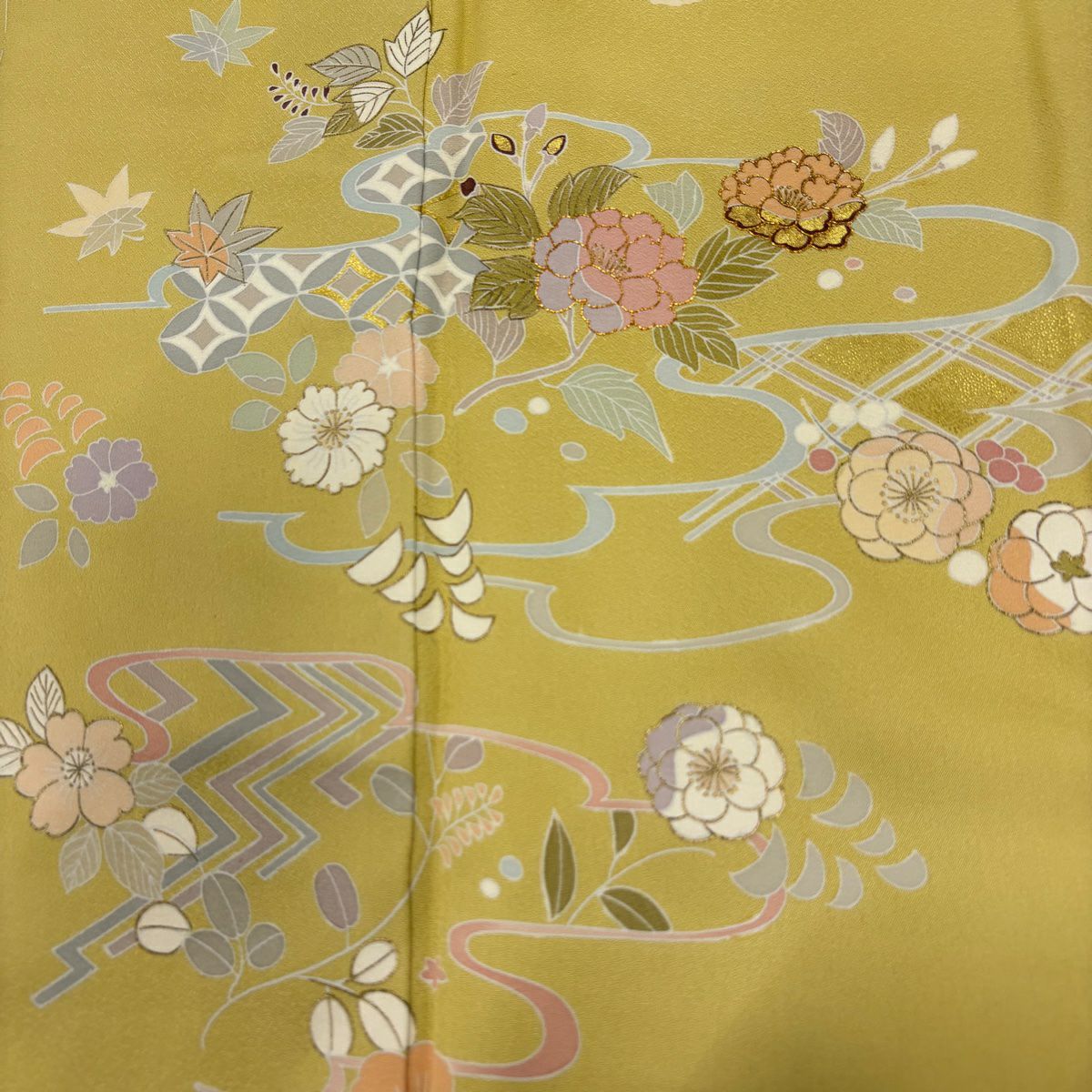 付下 身長166.5cm 袖長65.5cm M 雙層 草花紋紋 流水 金絲 金銀彩 黃色 純蠶絲 優品級