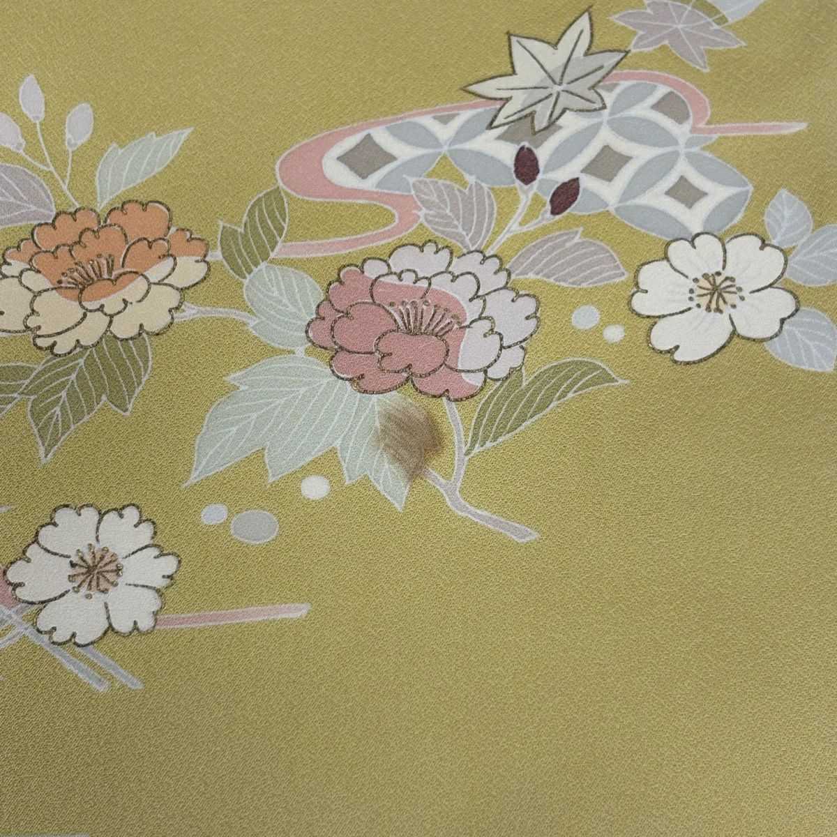 付下 身長166.5cm 袖長65.5cm M 雙層 草花紋紋 流水 金絲 金銀彩 黃色 純蠶絲 優品級