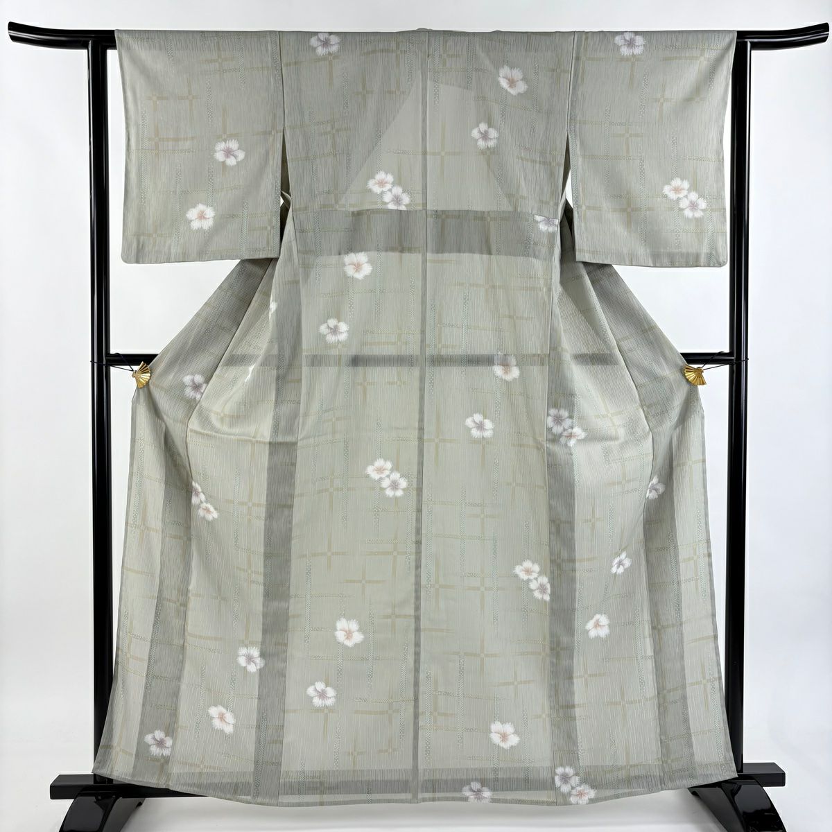 小紋 身長161.5cm 袖長61.5cm S 薄物 花 格子 灰綠 純蠶絲 秀品級