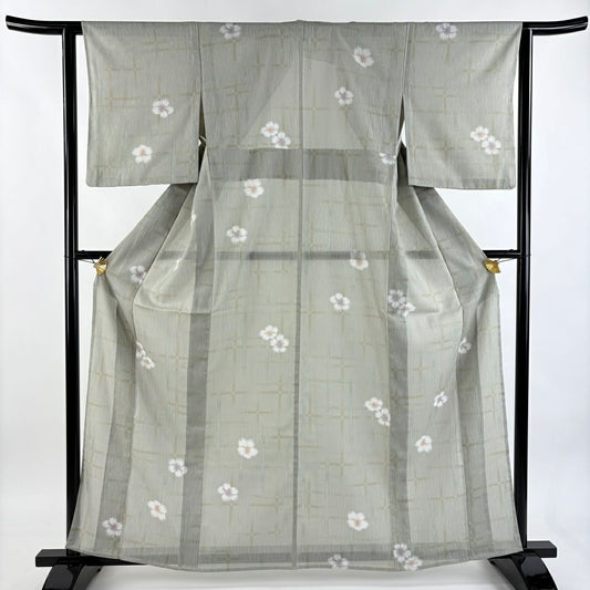 小紋 身長161.5cm 袖長61.5cm S 薄物 花 格子 灰綠 純蠶絲 秀品級