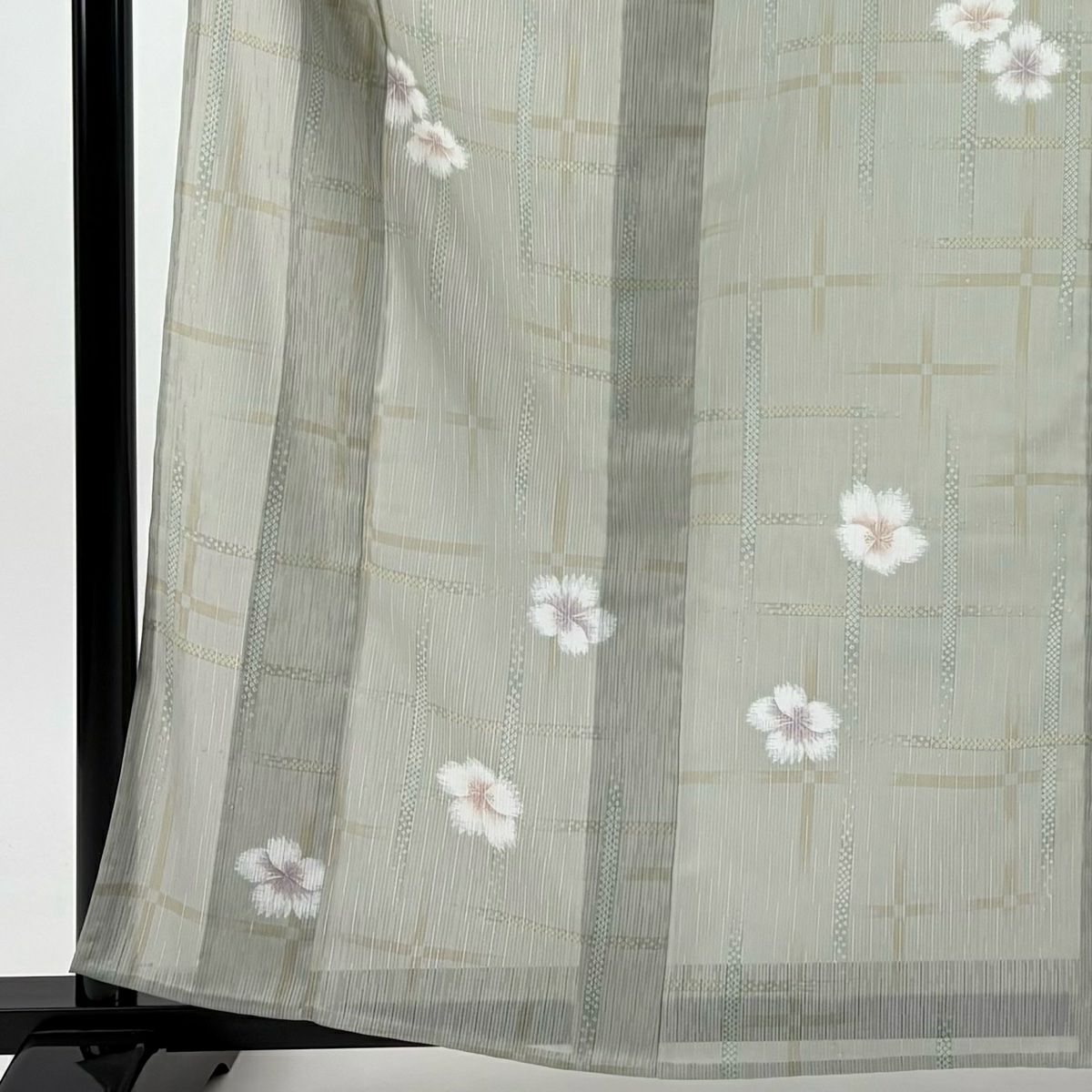 小紋 身長161.5cm 袖長61.5cm S 薄物 花 格子 灰綠 純蠶絲 秀品級