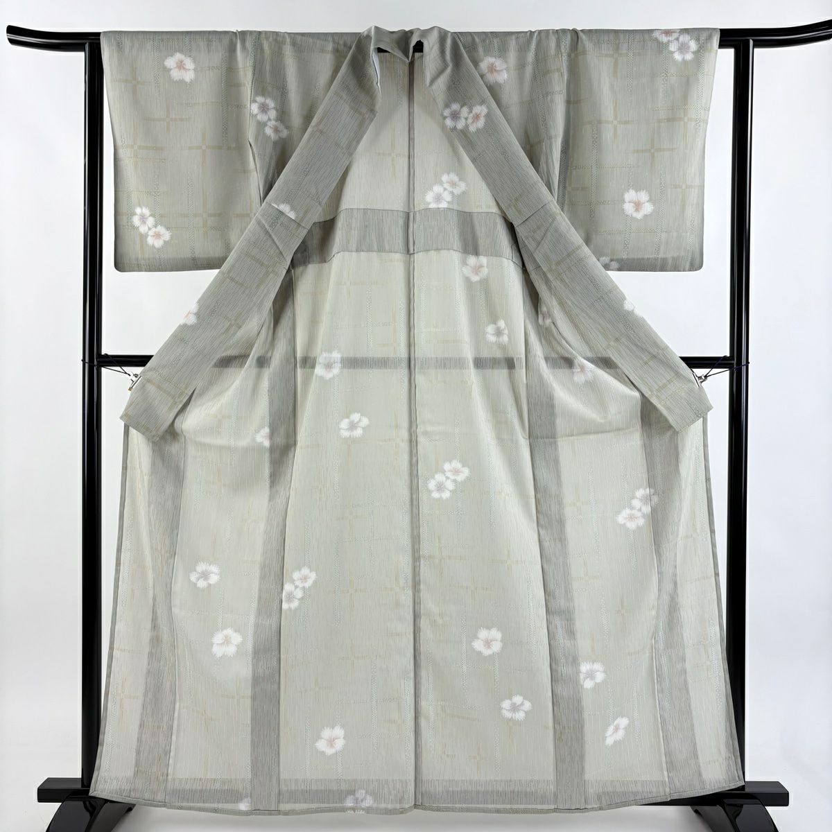 小紋 身長161.5cm 袖長61.5cm S 薄物 花 格子 灰綠 純蠶絲 秀品級