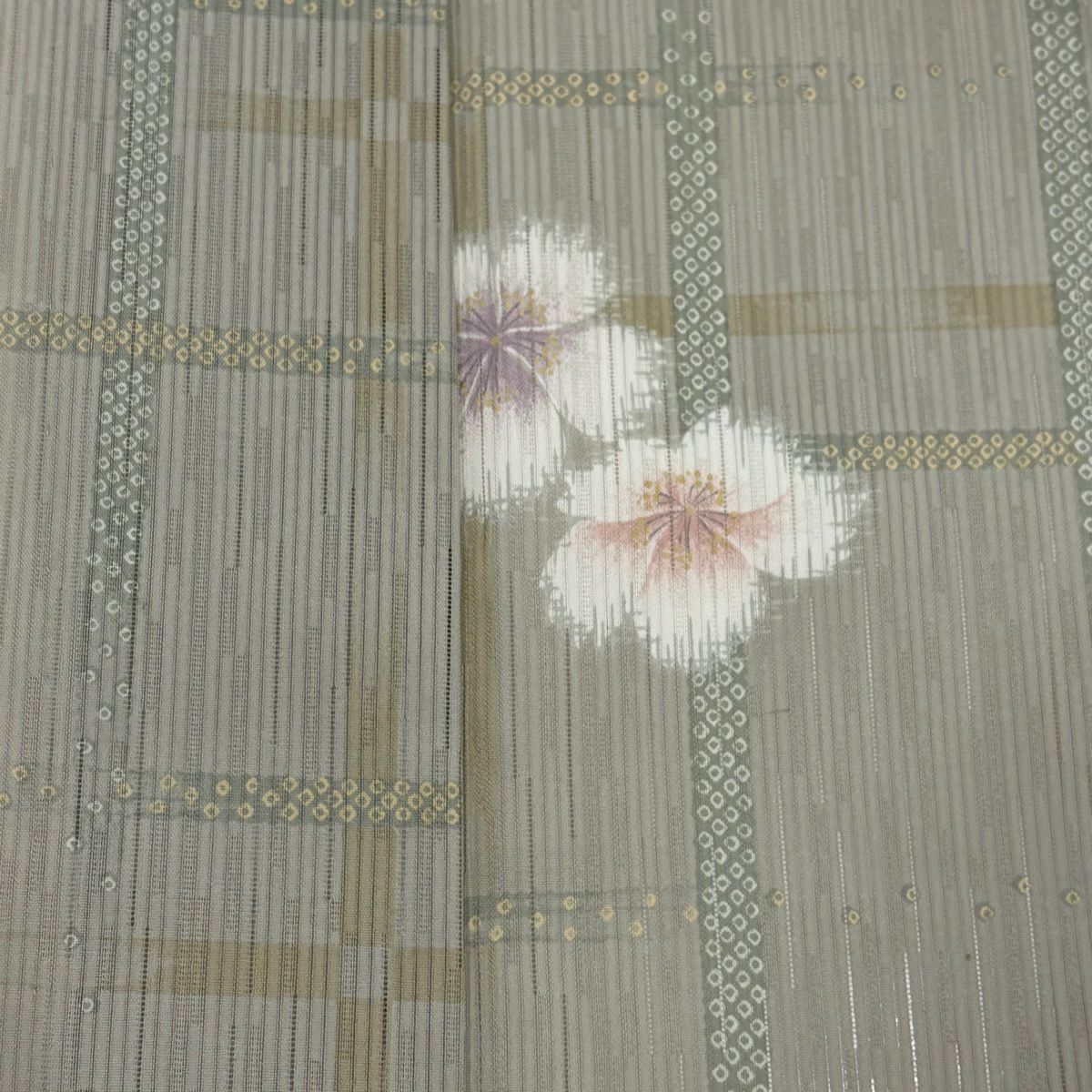 小紋 身長161.5cm 袖長61.5cm S 薄物 花 格子 灰綠 純蠶絲 秀品級