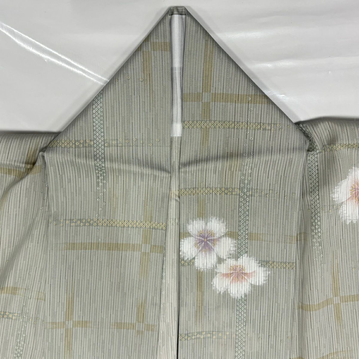 小紋 身長161.5cm 袖長61.5cm S 薄物 花 格子 灰綠 純蠶絲 秀品級