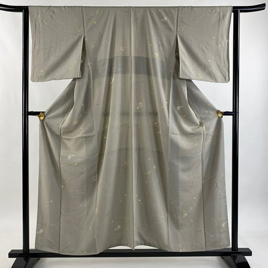 【美品】 小紋 身長157cm 袖長62cm S 雙層 松樹葉 草花紋 金彩裝飾 灰 純蠶絲 秀品級