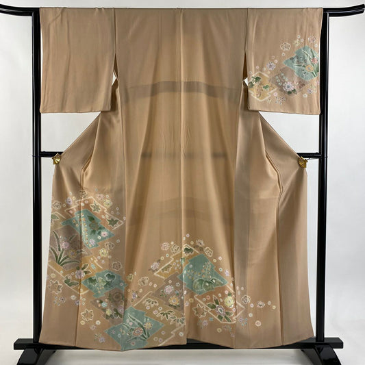 訪問服 身長157.5cm 袖長63.5cm S 雙層 草花紋紋 松樹皮菱 絞染 淺橙色 純蠶絲 優品級