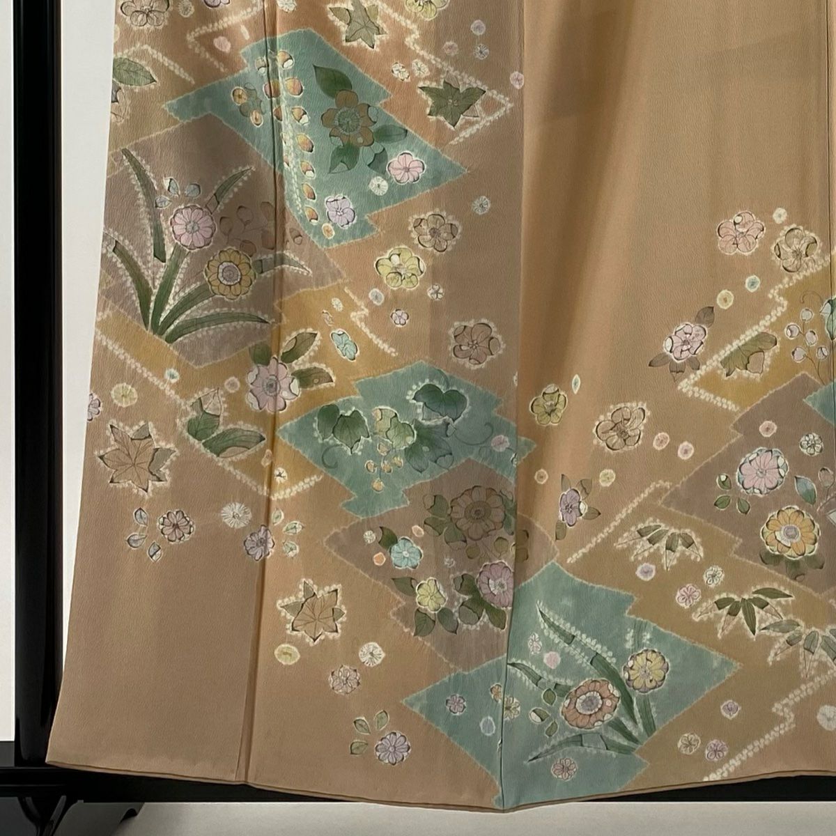 訪問服 身長157.5cm 袖長63.5cm S 雙層 草花紋紋 松樹皮菱 絞染 淺橙色 純蠶絲 優品級