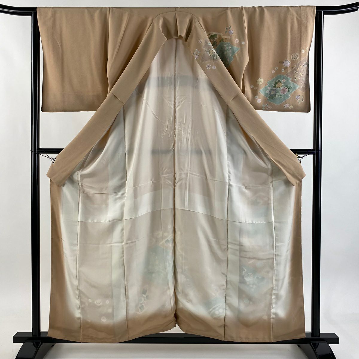 訪問服 身長157.5cm 袖長63.5cm S 雙層 草花紋紋 松樹皮菱 絞染 淺橙色 純蠶絲 優品級