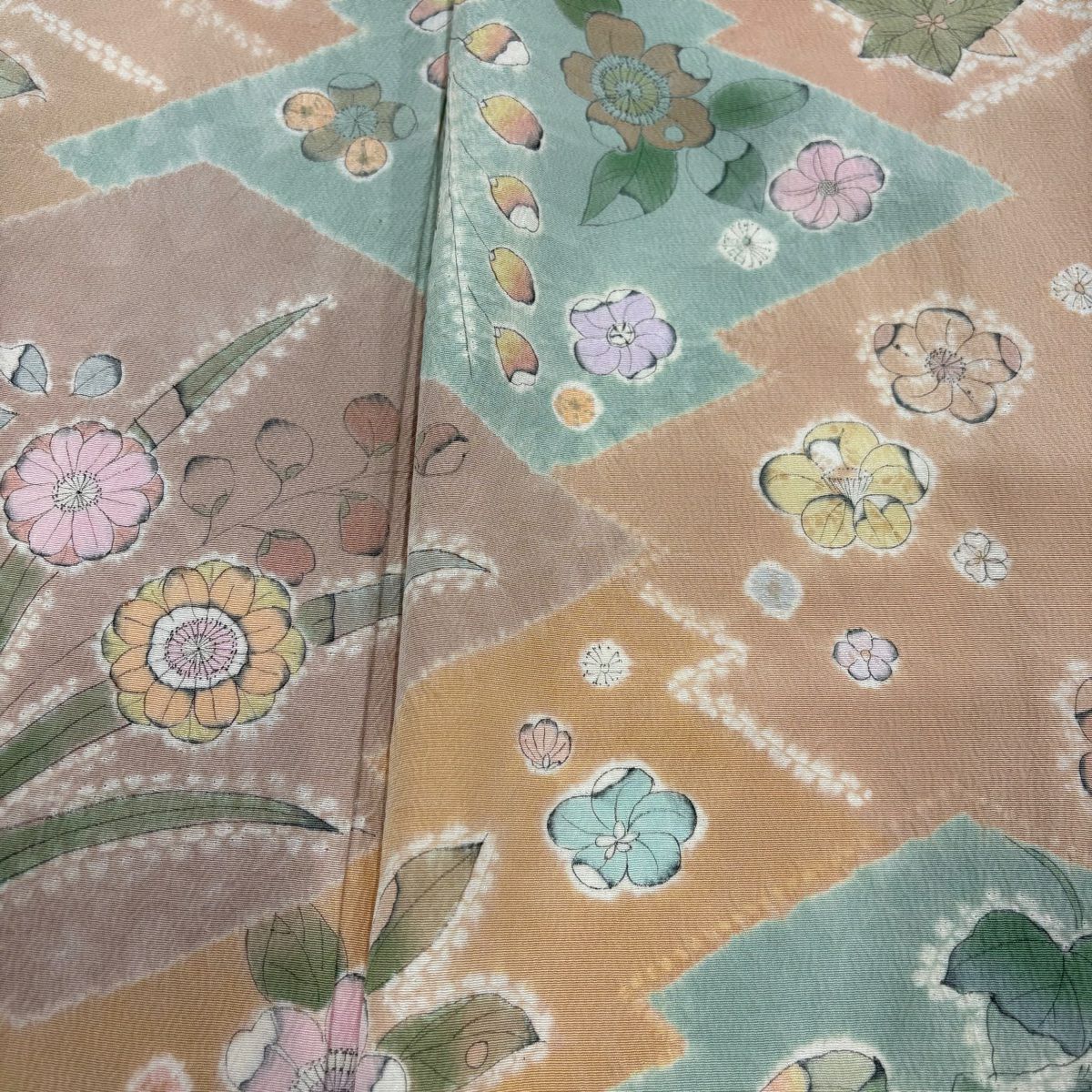 訪問服 身長157.5cm 袖長63.5cm S 雙層 草花紋紋 松樹皮菱 絞染 淺橙色 純蠶絲 優品級