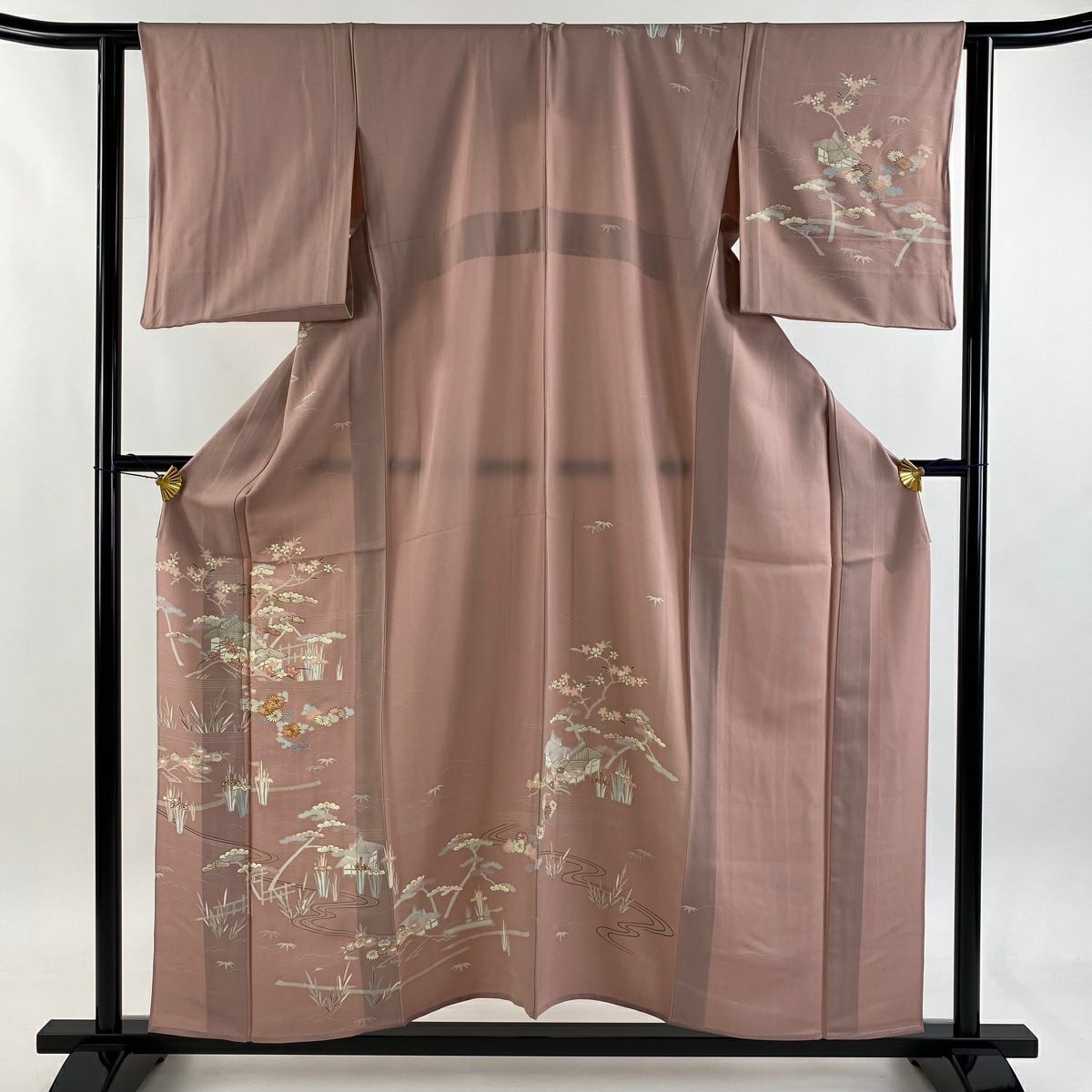 訪問服 身長158cm 袖長61.5cm S 單層 建物 草花紋紋 金絲 金銀彩 粉紅 純蠶絲 秀品級 一つ紋