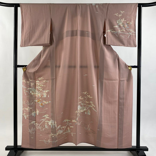 訪問服 身長158cm 袖長61.5cm S 單層 建物 草花紋紋 金絲 金銀彩 粉紅 純蠶絲 秀品級 一つ紋