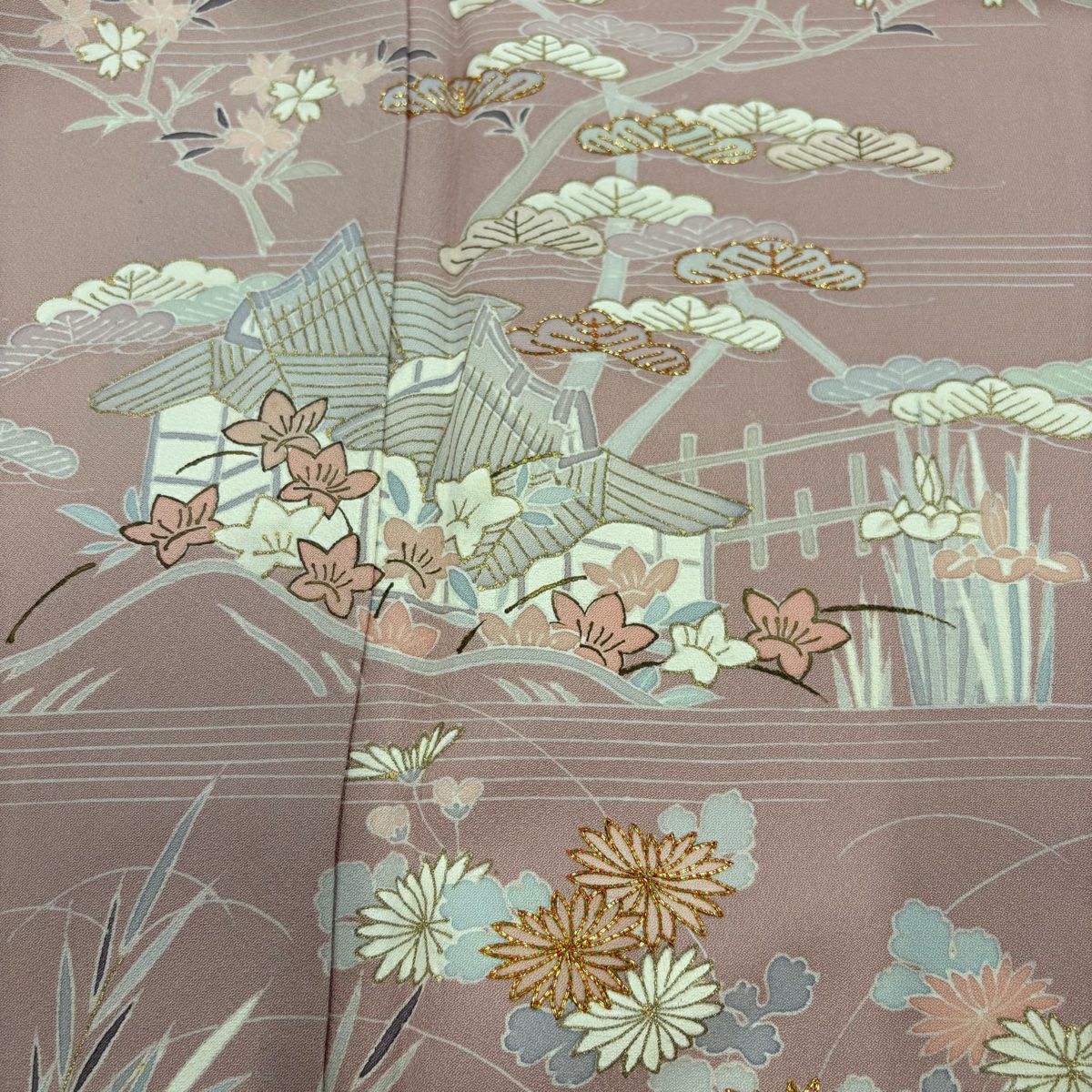 訪問服 身長158cm 袖長61.5cm S 單層 建物 草花紋紋 金絲 金銀彩 粉紅 純蠶絲 秀品級 一つ紋