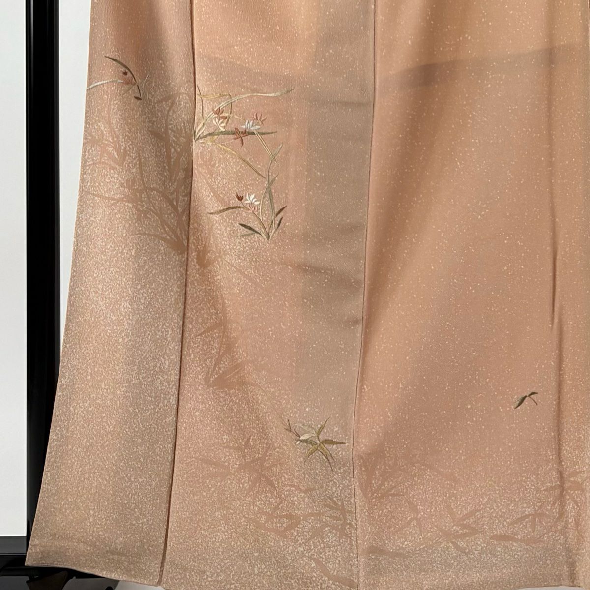 【美品】 付下 身長162.5cm 袖長61cm S 雙層 草花紋紋 輪廓 刺繡 淺橙色 純蠶絲 優品級