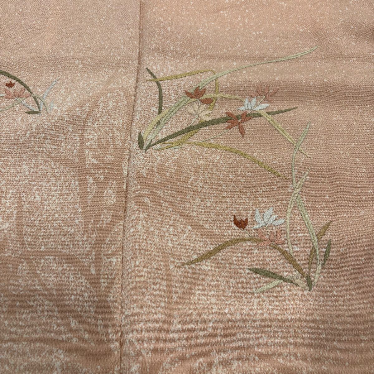 【美品】 付下 身長162.5cm 袖長61cm S 雙層 草花紋紋 輪廓 刺繡 淺橙色 純蠶絲 優品級