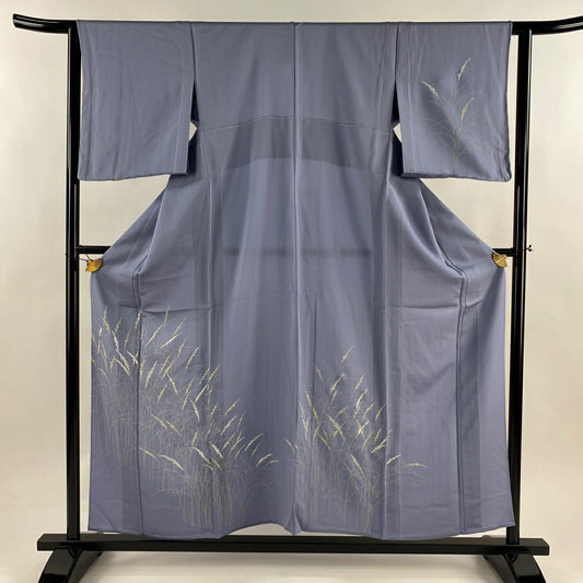 【美品】 付下 身長155cm 袖長62cm S 單層 葉 金銀彩 青灰 純蠶絲 秀品級