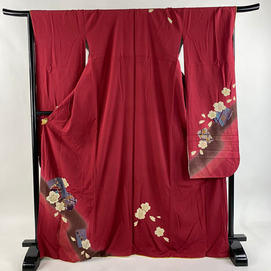 振袖禮服 身長169cm 袖長68cm L 雙層櫻花球金絲金銀彩深紅色純蠶絲秀品級