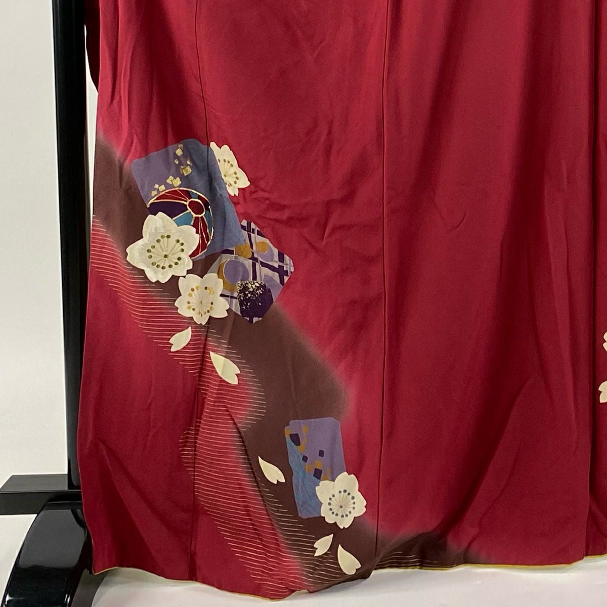振袖禮服 身長169cm 袖長68cm L 雙層櫻花球金絲金銀彩深紅色純蠶絲秀品級