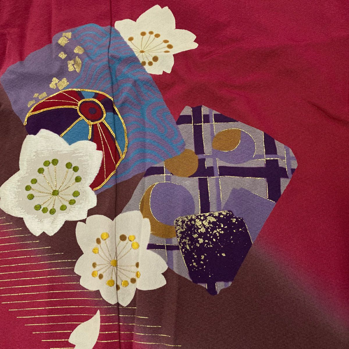 振袖禮服 身長169cm 袖長68cm L 雙層櫻花球金絲金銀彩深紅色純蠶絲秀品級
