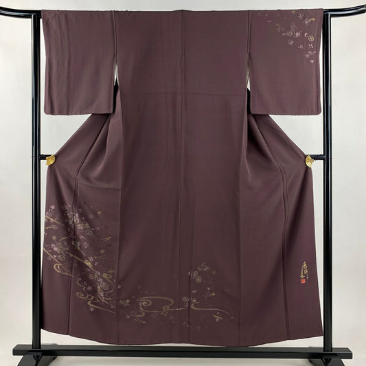 付下 身長153cm 袖長63cm S 雙層 コシノアヤコ 寶盡くし 流水 刺繡 金線 小豆 純蠶絲 名品級