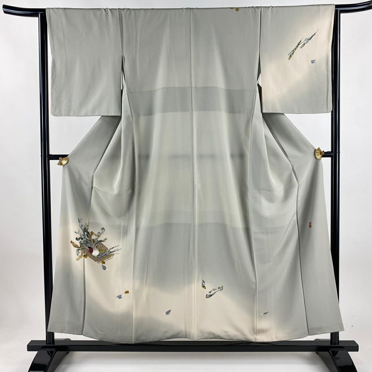 付下 身長155cm 袖長64cm M 雙層 彌一 落款あり 生り物 野菜 漸層 灰茶 純蠶絲 名品級