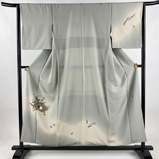 付下 身長155cm 袖長64cm M 雙層 彌一 落款あり 生り物 野菜 漸層 灰茶 純蠶絲 名品級