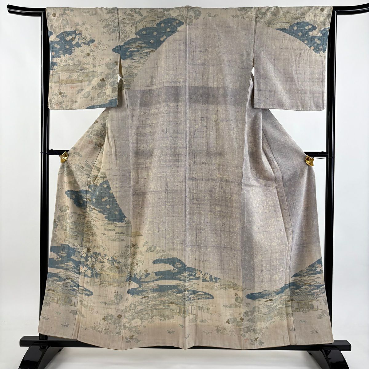 訪問服 身長158.5cm 袖長63.5cm S 雙層 紬織織 建物 松樹竹子梅花 米色 純蠶絲 名品級
