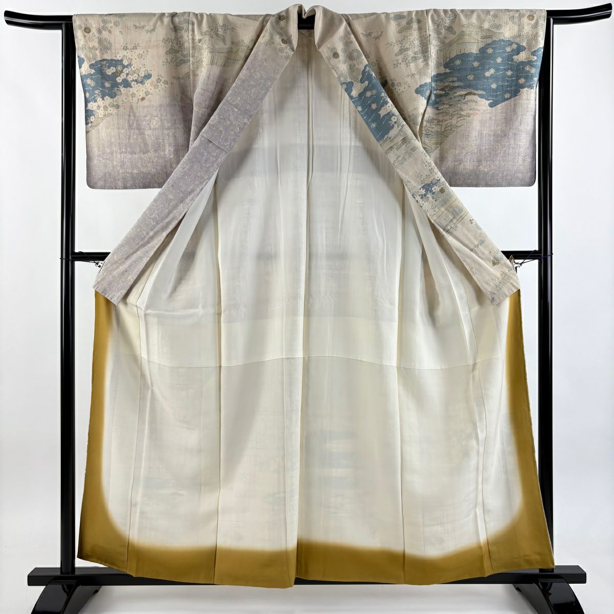訪問服 身長158.5cm 袖長63.5cm S 雙層 紬織織 建物 松樹竹子梅花 米色 純蠶絲 名品級