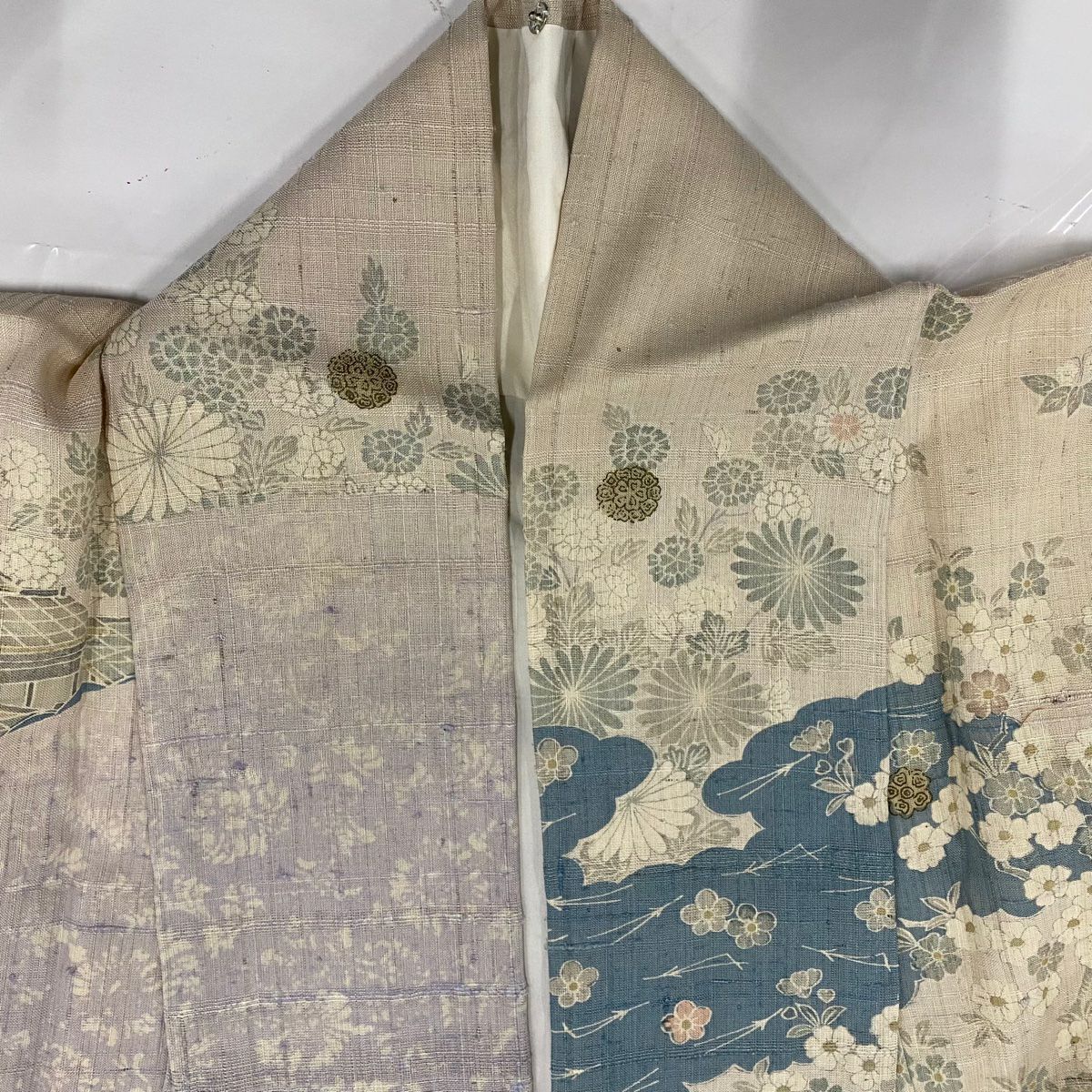 訪問服 身長158.5cm 袖長63.5cm S 雙層 紬織織 建物 松樹竹子梅花 米色 純蠶絲 名品級