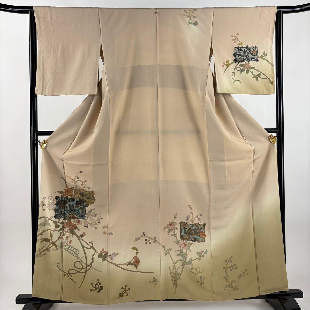 訪問服 身長160.5cm 袖長63.5cm S 雙層 草花紋紋 鳥 金彩裝飾 米色 純蠶絲 名品級 一つ紋