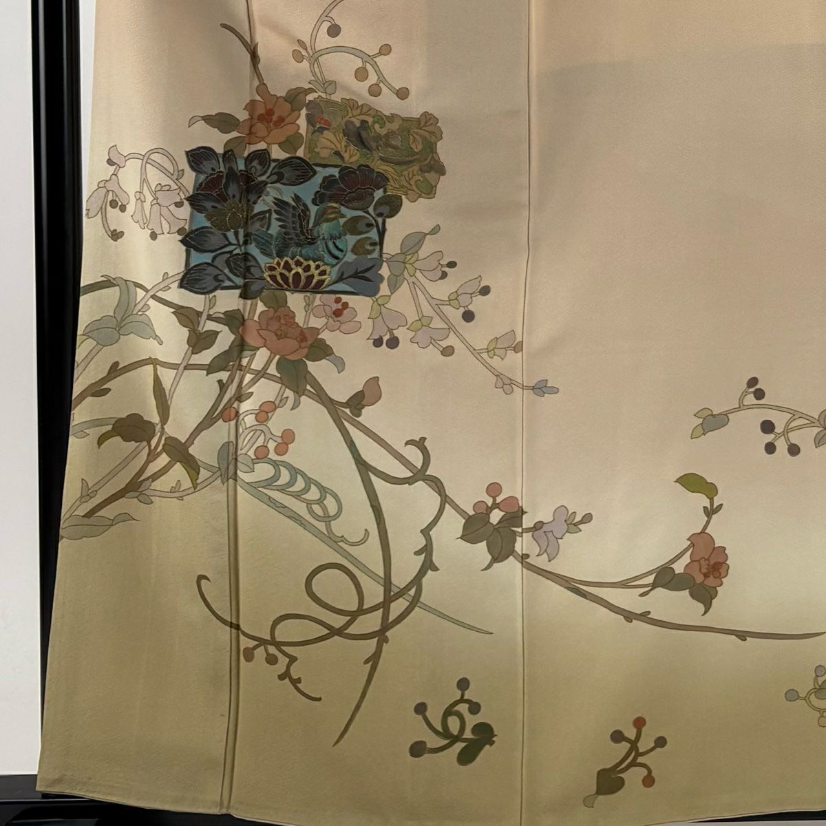 訪問服 身長160.5cm 袖長63.5cm S 雙層 草花紋紋 鳥 金彩裝飾 米色 純蠶絲 名品級 一つ紋