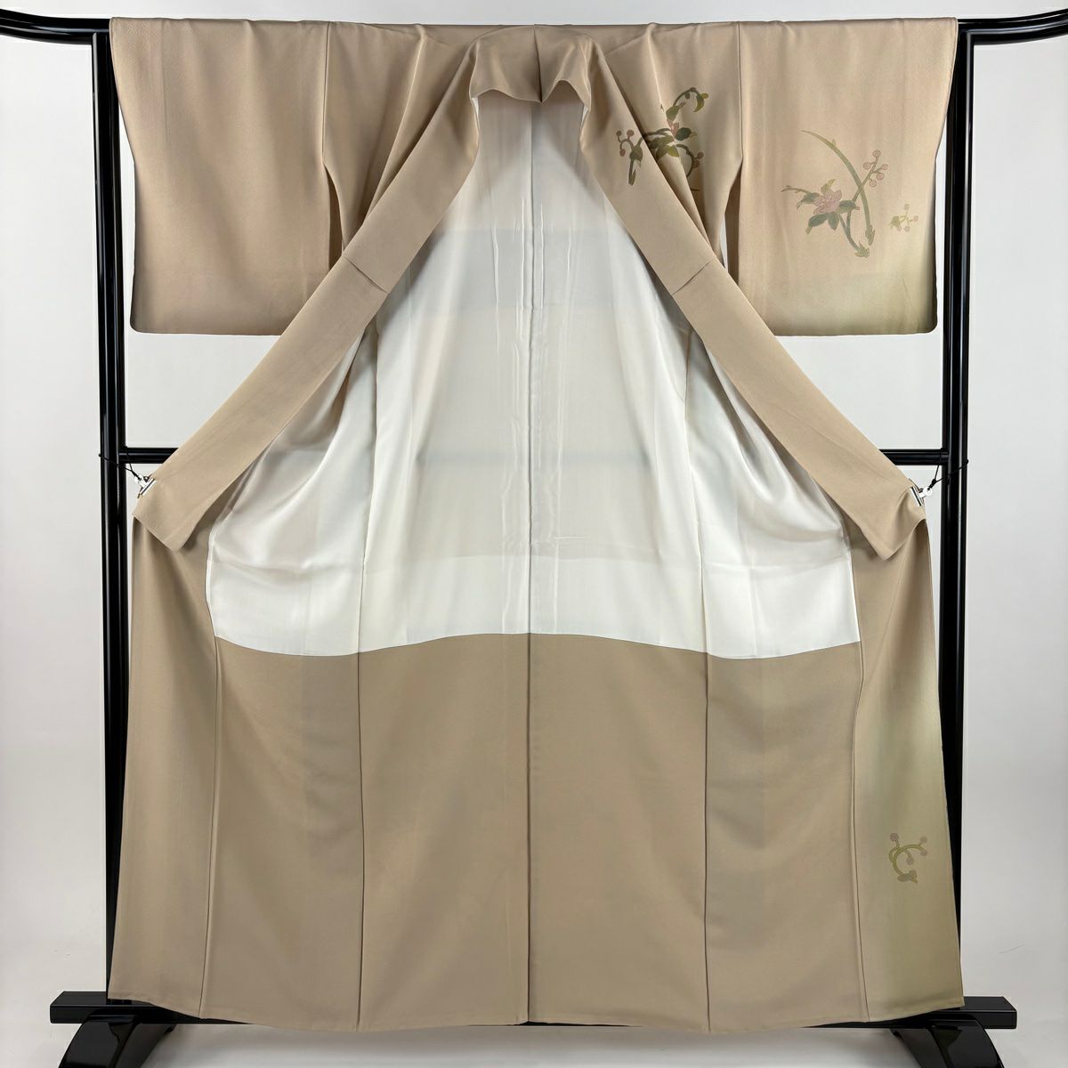 訪問服 身長160.5cm 袖長63.5cm S 雙層 草花紋紋 鳥 金彩裝飾 米色 純蠶絲 名品級 一つ紋
