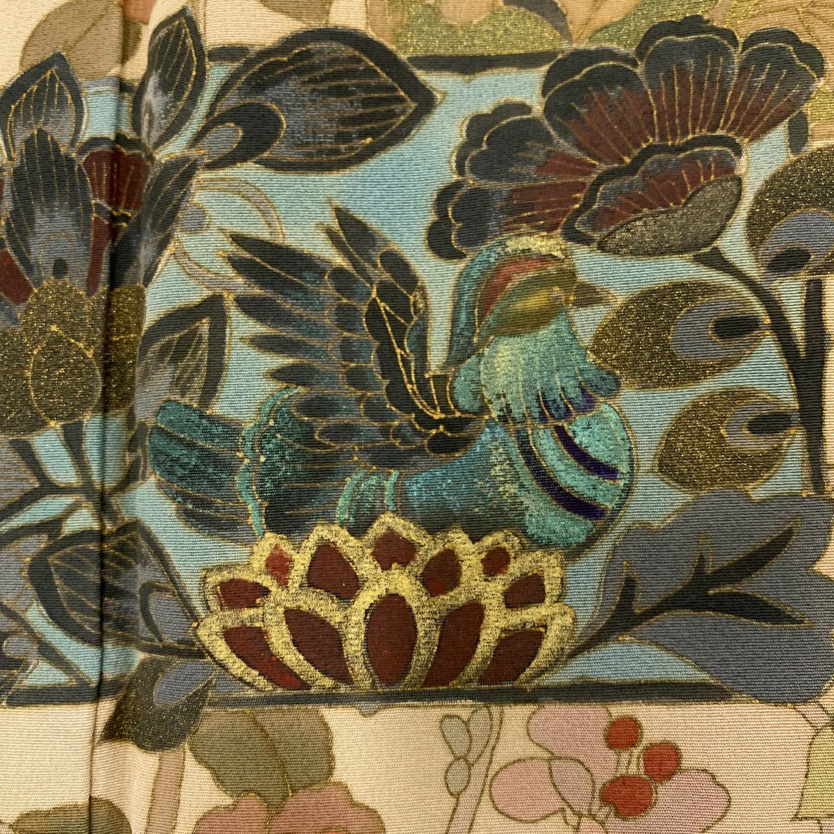 訪問服 身長160.5cm 袖長63.5cm S 雙層 草花紋紋 鳥 金彩裝飾 米色 純蠶絲 名品級 一つ紋