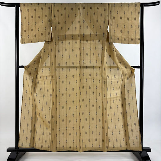 紬織 身長159cm 袖長62cm S 薄物 夏紬織 垂直條紋 幾何圖案 黃土色 純蠶絲 名品級