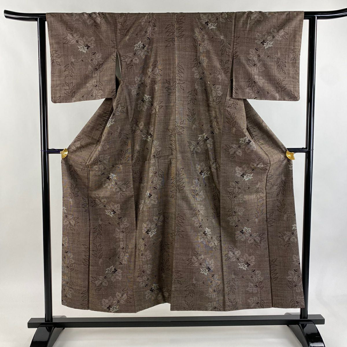 【美品】 紬織織 身長151.5cm 袖長62cm S 雙層 草花紋紋 焦茶 純蠶絲 名品級