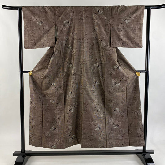 【美品】 紬織織 身長151.5cm 袖長62cm S 雙層 草花紋紋 焦茶 純蠶絲 名品級