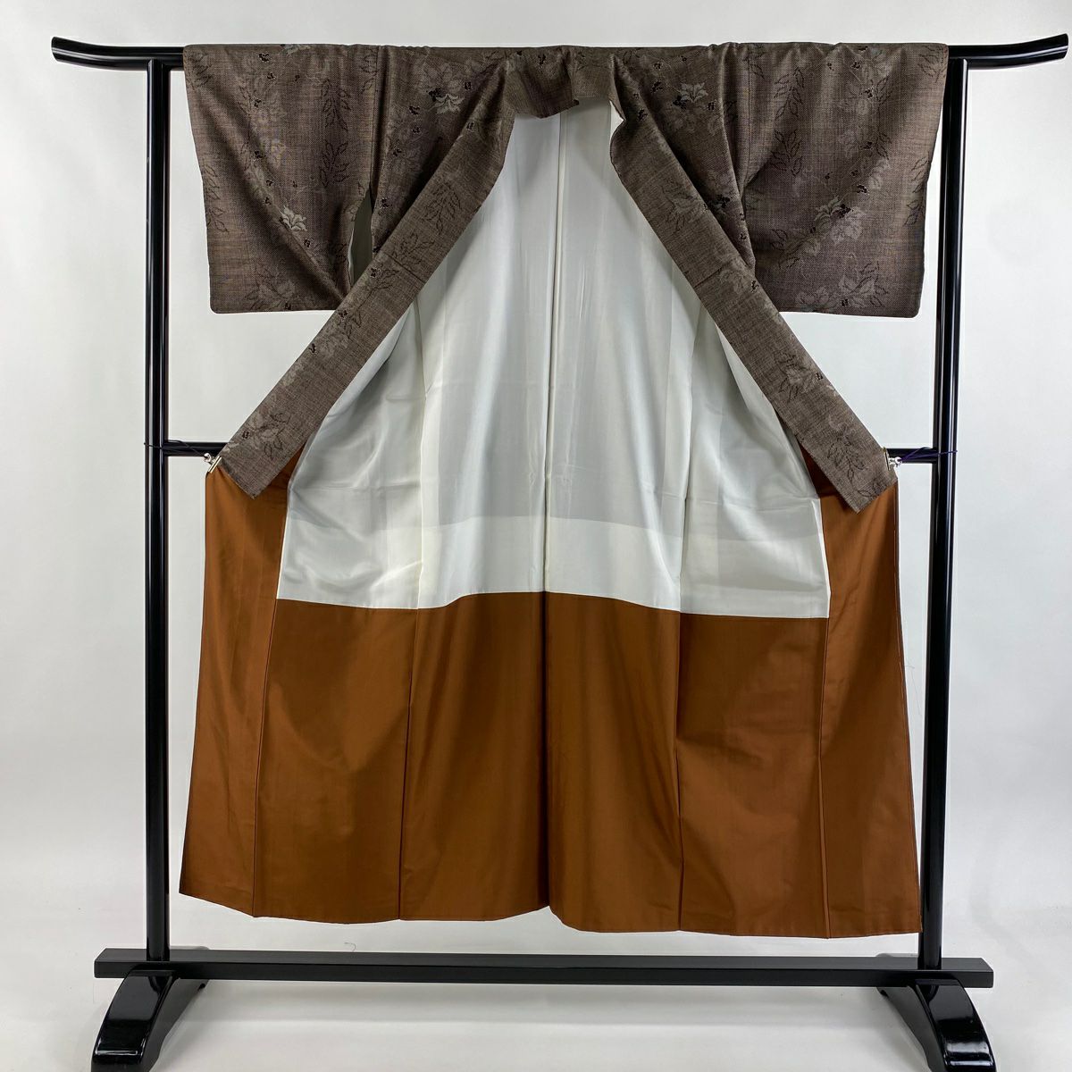 【美品】 紬織織 身長151.5cm 袖長62cm S 雙層 草花紋紋 焦茶 純蠶絲 名品級
