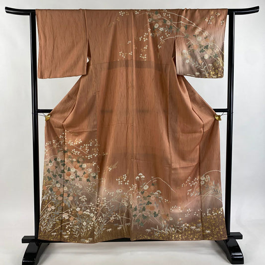 【美品】訪問服 身長160cm 袖長63.5cm S 雙層 秋草 笹 金銀彩 漸層 粉米色 純蠶絲 名品級