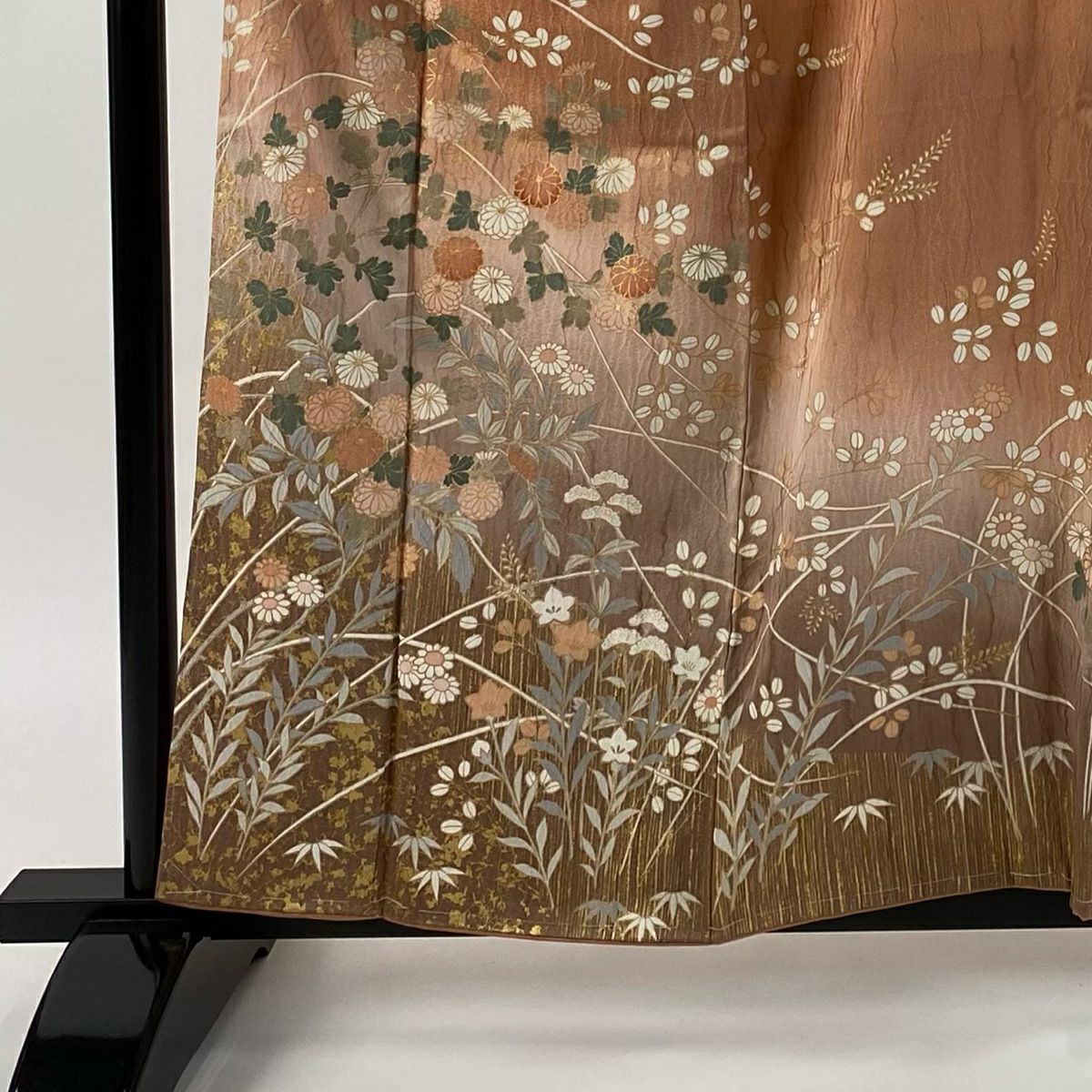【美品】訪問服 身長160cm 袖長63.5cm S 雙層 秋草 笹 金銀彩 漸層 粉米色 純蠶絲 名品級