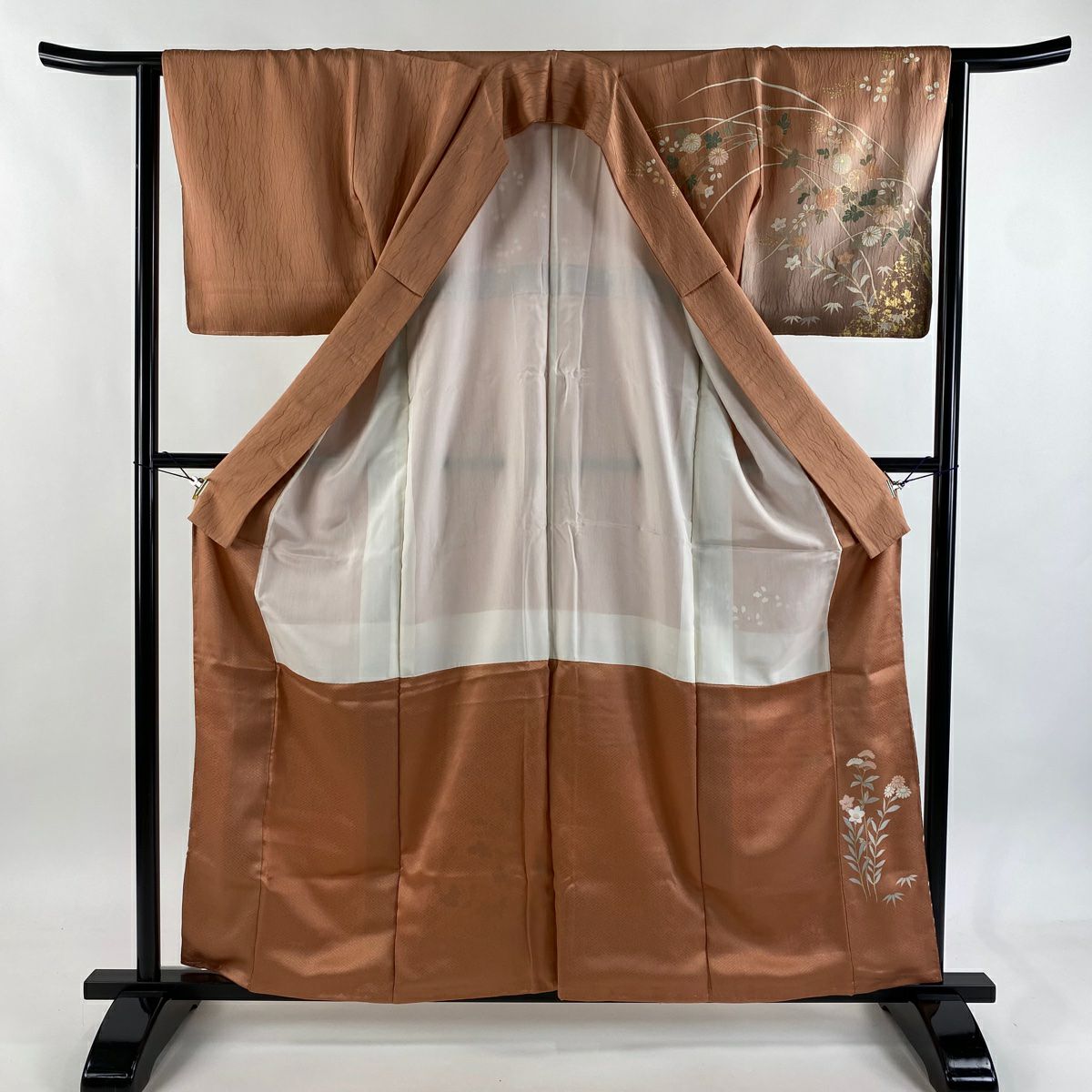 【美品】訪問服 身長160cm 袖長63.5cm S 雙層 秋草 笹 金銀彩 漸層 粉米色 純蠶絲 名品級