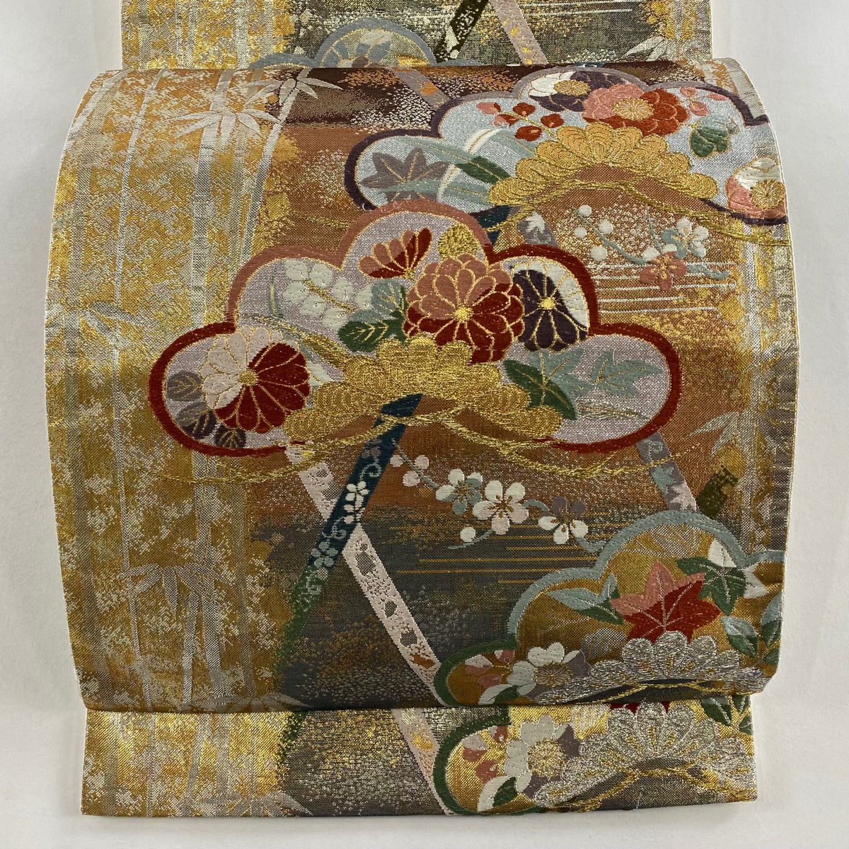 【美品】 袋帶 秀品級 松樹竹子梅花 霞 金銀絲 金金箔 鮭粉色 六通 純蠶絲