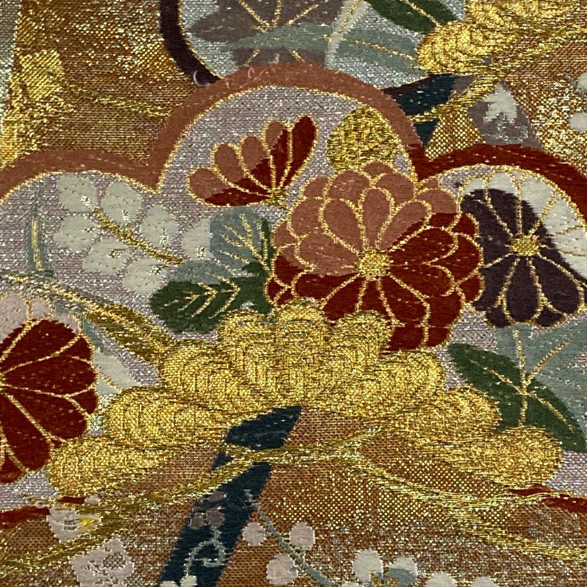 【美品】 袋帶 秀品級 松樹竹子梅花 霞 金銀絲 金金箔 鮭粉色 六通 純蠶絲