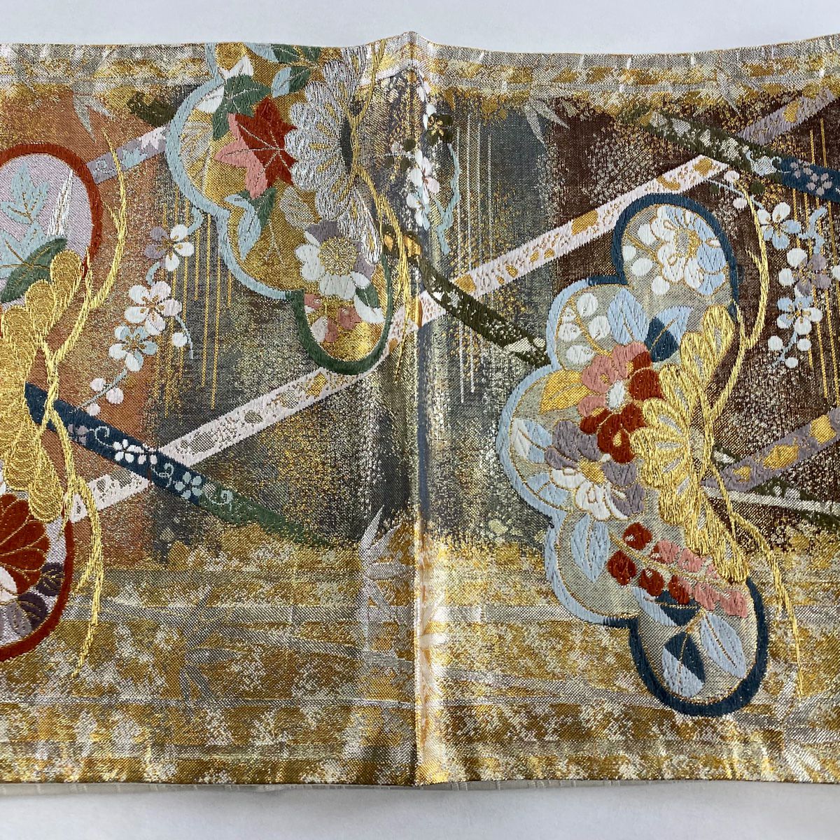 【美品】 袋帶 秀品級 松樹竹子梅花 霞 金銀絲 金金箔 鮭粉色 六通 純蠶絲