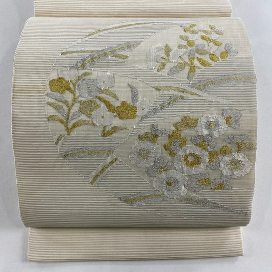 袋帶 秀品級 夏帶 絽 扇子面 草花紋 金銀絲 奶油色 大鼓圖案 純蠶絲