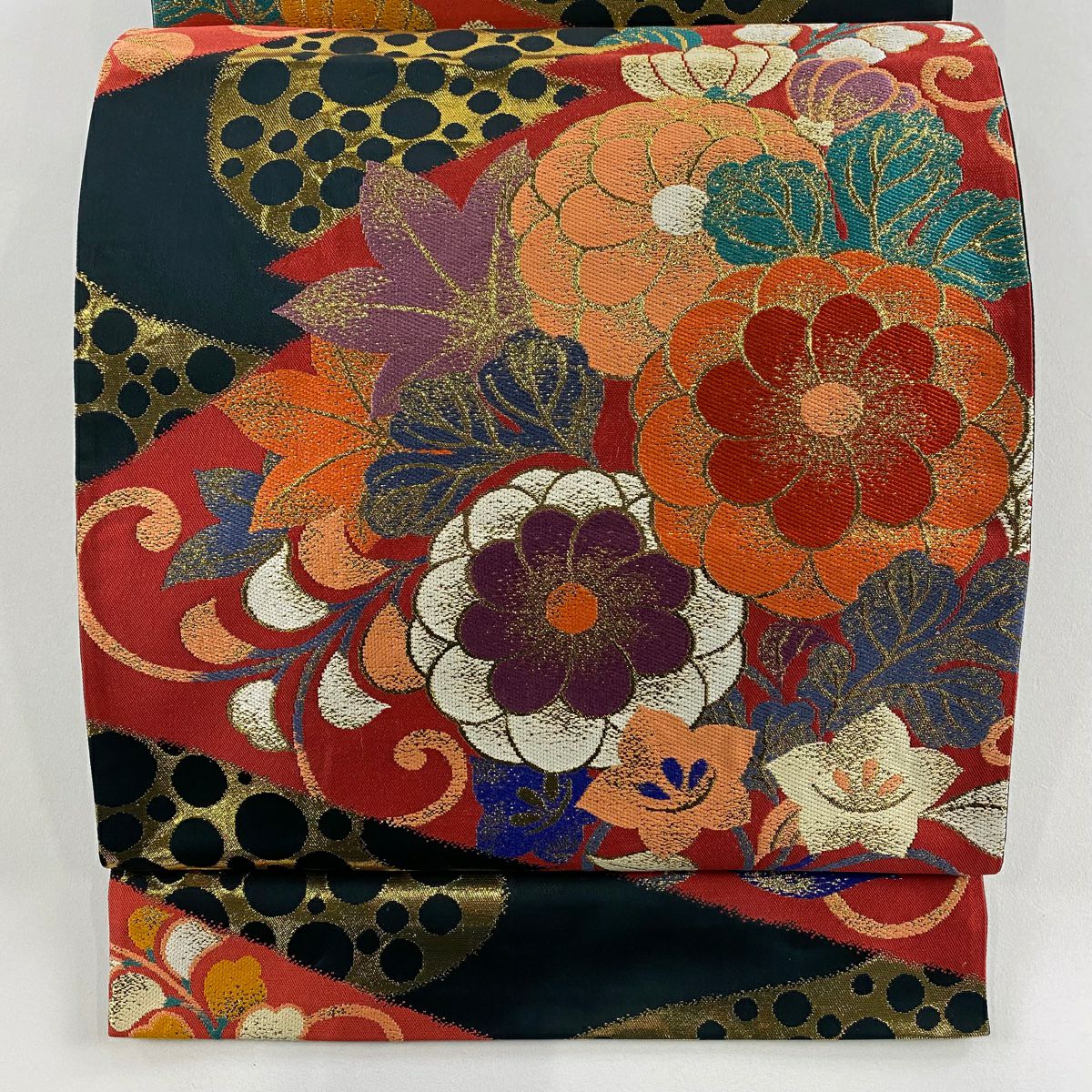 袋帶 秀品級 草花紋紋 圓 金金箔 黑 六通 純蠶絲
