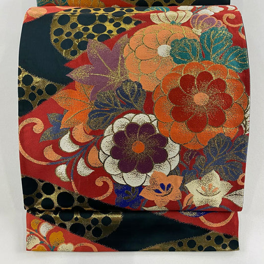 袋帶 秀品級 草花紋紋 圓 金金箔 黑 六通 純蠶絲