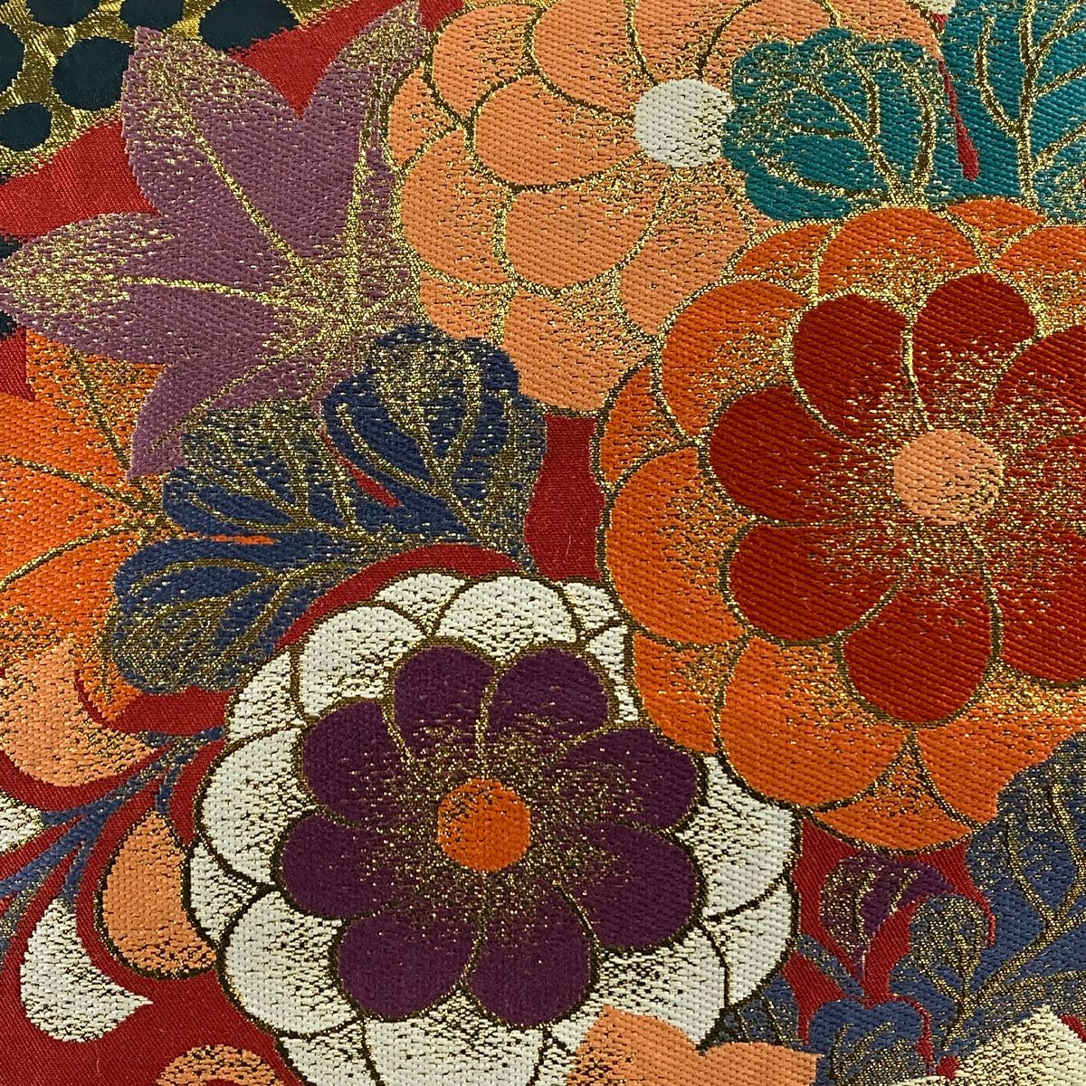 袋帶 秀品級 草花紋紋 圓 金金箔 黑 六通 純蠶絲