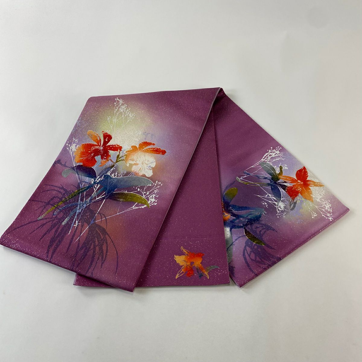 【美品】 袋帶 秀品級 落款あり 草花紋紋 螺鈿 金金箔 漸層 紫色 お太鼓柄 純蠶絲